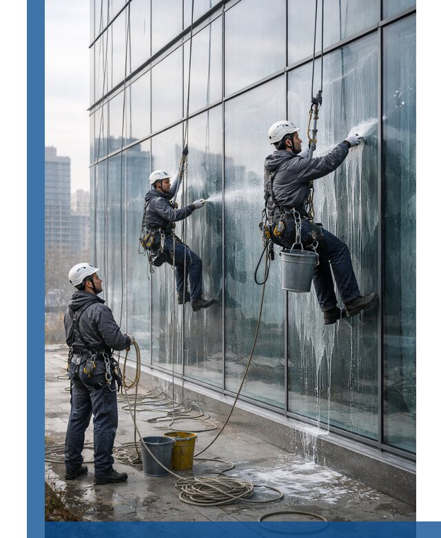 Промышленная мойка панорамных окон на высоте в Владивостоке