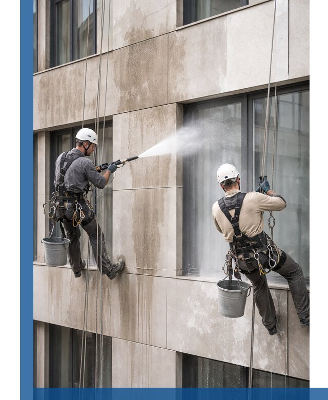 Послестроительная мойка фасада промышленным альпинизмом в Владивостоке