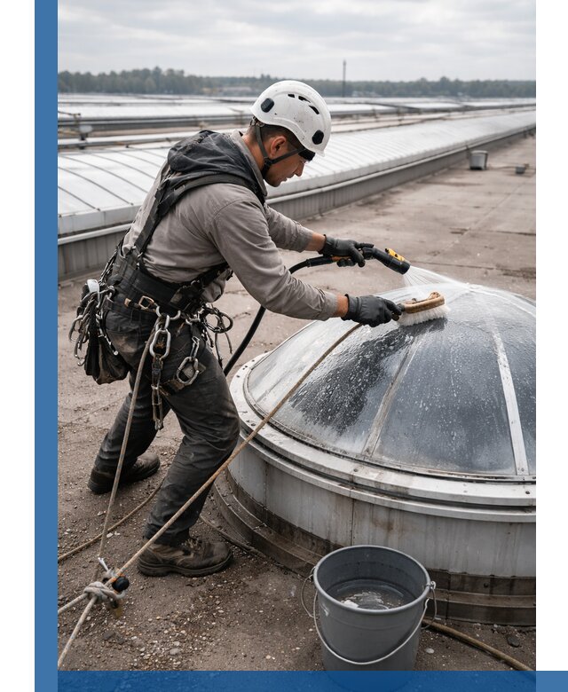 Мойка зенитных фонарей на кровле для промышленных объектов в Владивостоке