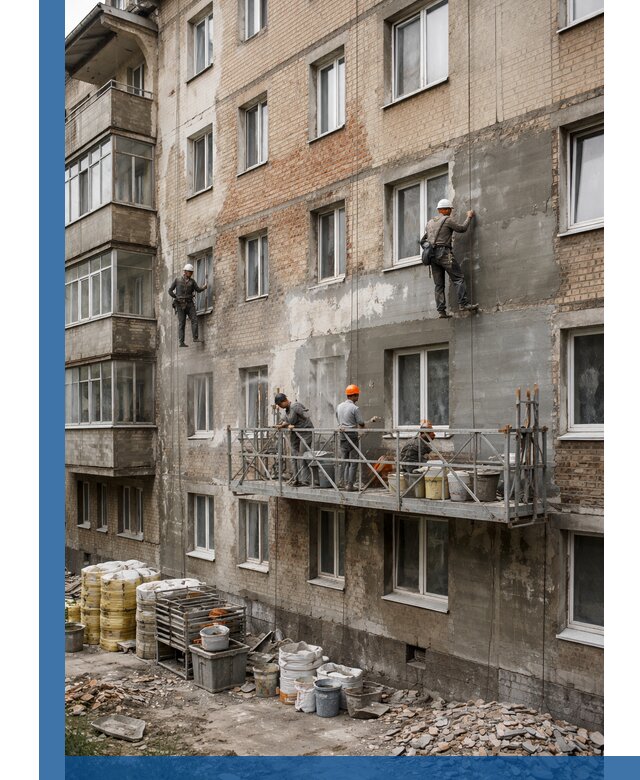 Капитальный ремонт фасада в Владивостоке с восстановлением и гидроизоляцией