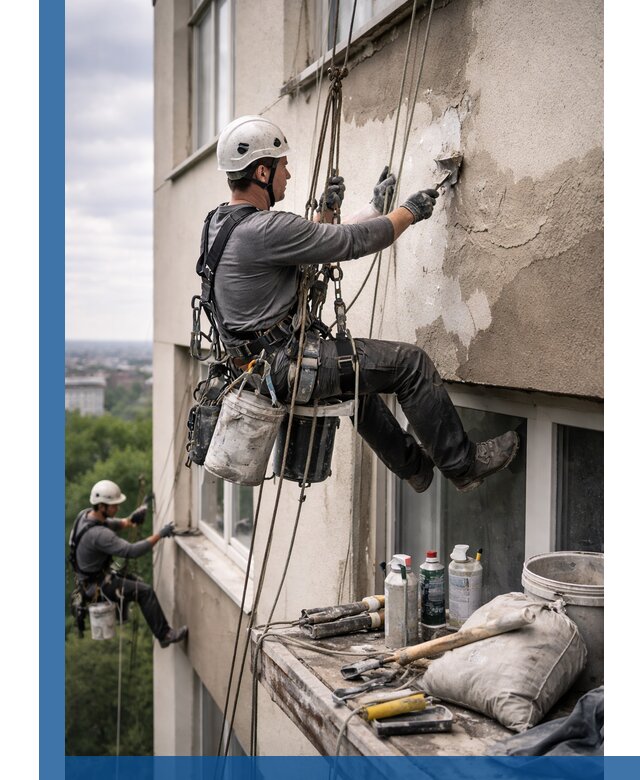 Косметический ремонт фасада зданий в Владивостоке промышленными альпинистами
