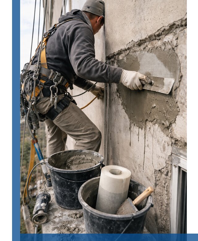 Ремонт бетонных элементов фасада промышленными альпинистами в Владивостоке