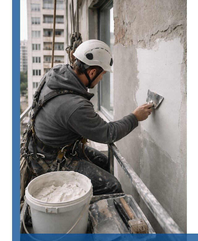 Шпаклевка фасадов на высоте с промальпинистами в Владивостоке