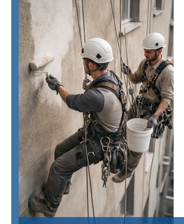 Грунтовка фасада на высоте в Владивостоке промышленными альпинистами