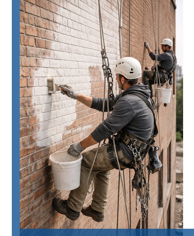 Покраска кирпичного фасада с доступным альпинистским сервисом в Владивостоке
