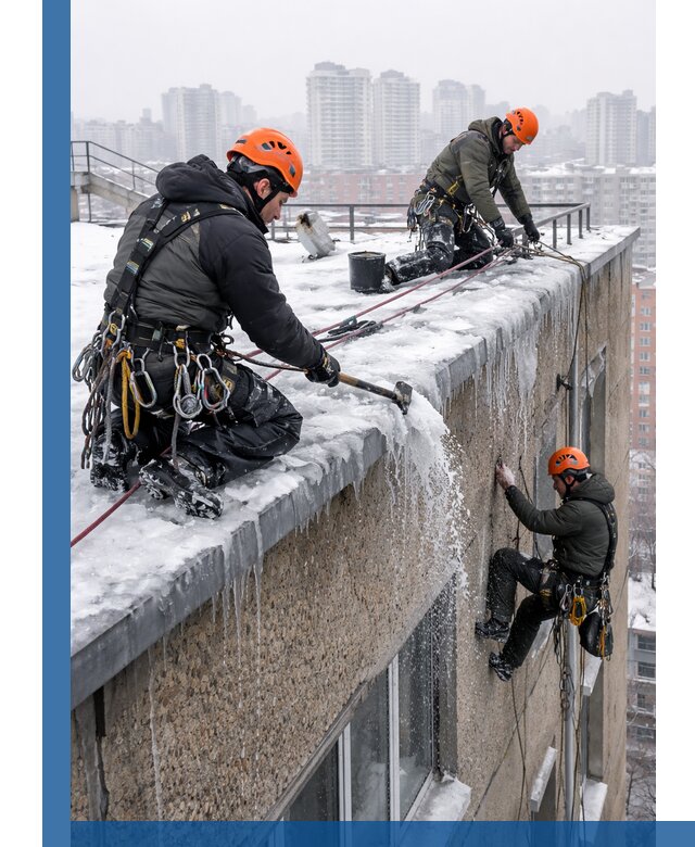 Удаление наледи с кровли в Владивостоке промышленными альпинистами