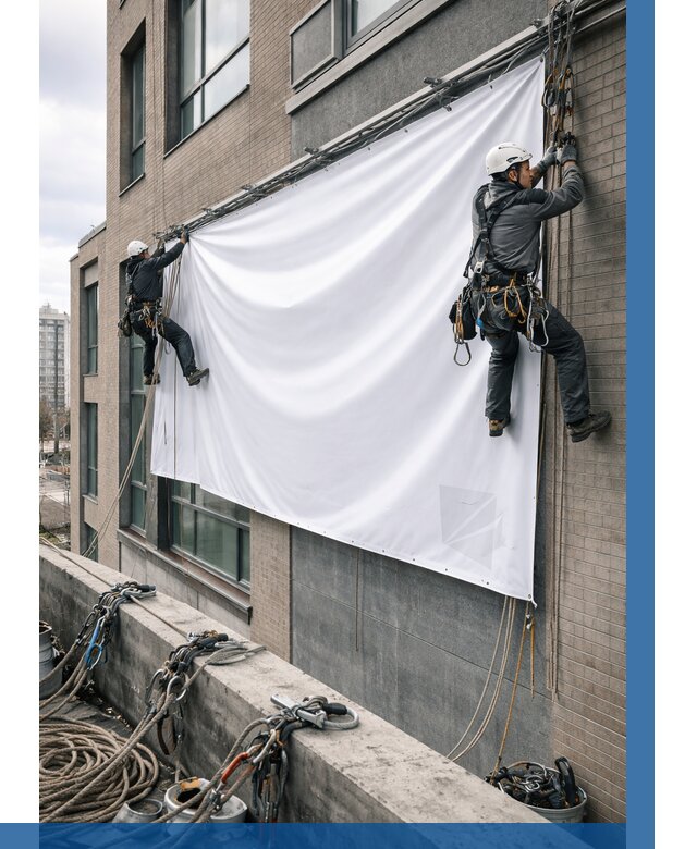 Монтаж баннеров на фасаде в Владивостоке от 661 р. заказать ВЫСОТНИК-Влд