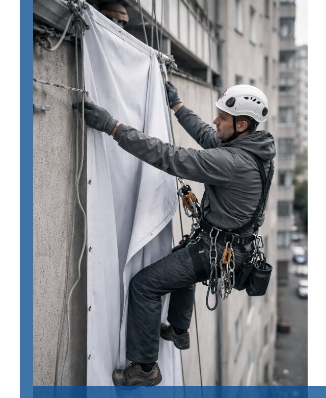 Замена баннерного полотна промышленными альпинистами в Владивостоке
