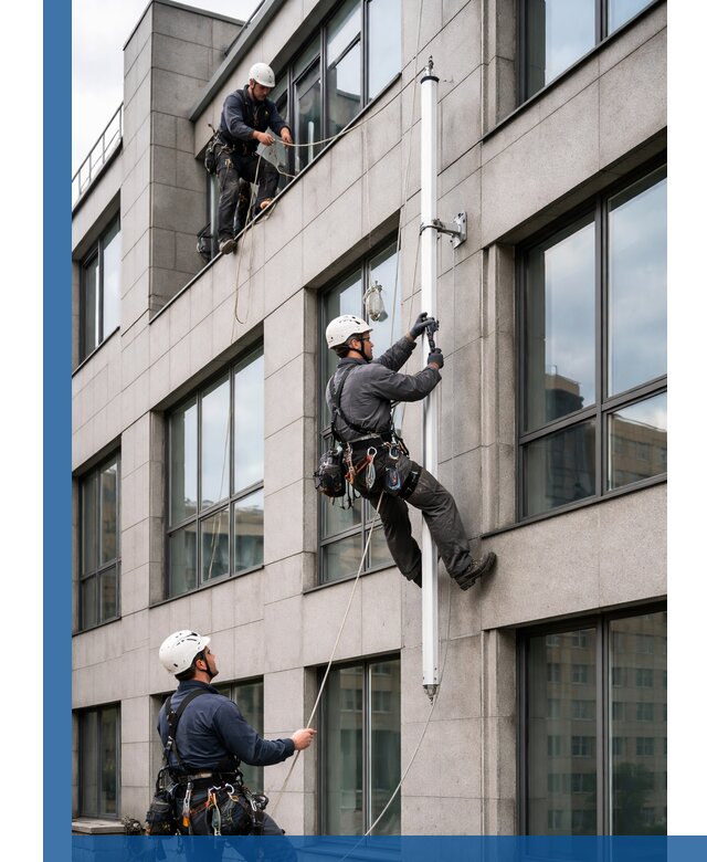 Монтаж флагштока на фасаде здания с креплением и герметикой в Владивостоке