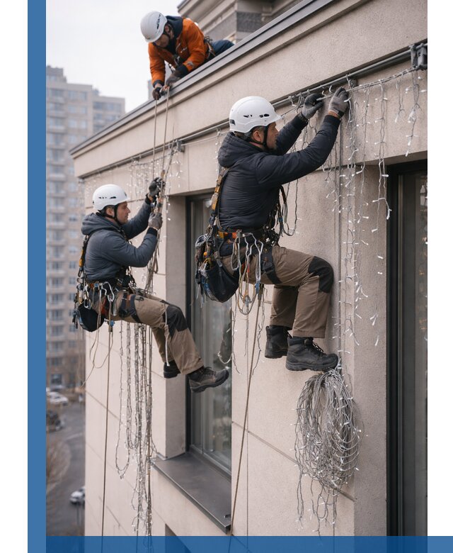 Монтаж праздничных гирлянд на фасаде в Владивостоке для зданий