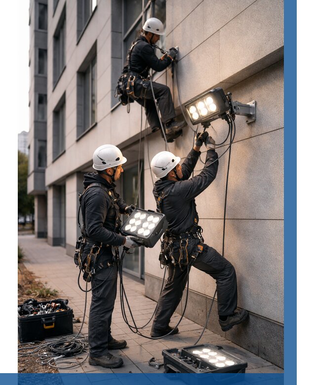 Монтаж прожекторов на фасаде в Владивостоке от 7625 р. | ВЫСОТНИК-Влд