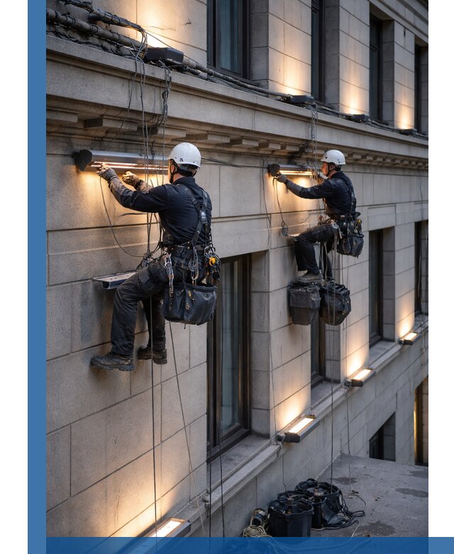 Монтаж архитектурной подсветки фасадов зданий в Владивостоке