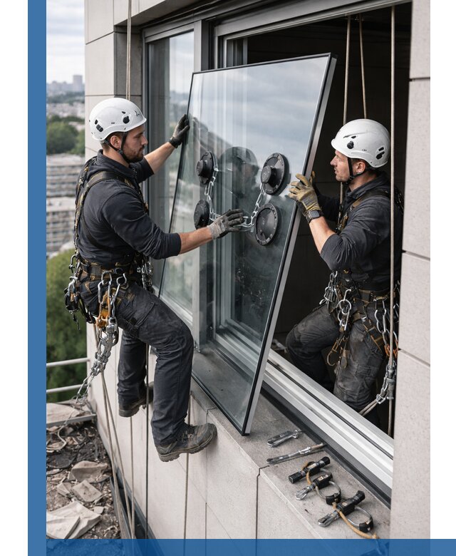 Замена стеклопакетов на высоте с промышленными альпинистами в Владивостоке