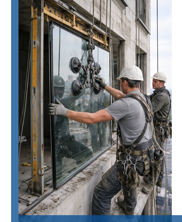 Монтаж стеклопакетов на высоте в Владивостоке с промышленным альпинизмом