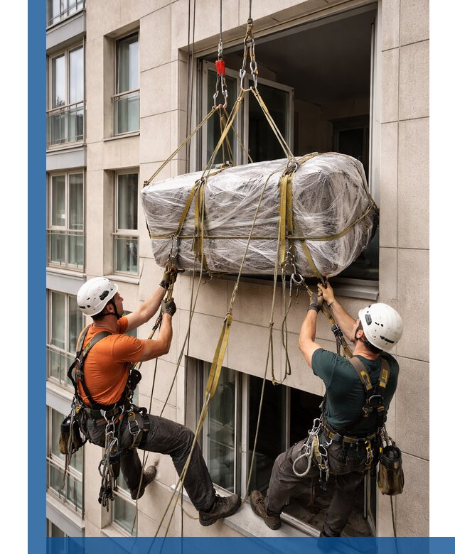 Подъем грузов через окно в Владивостоке промышленными альпинистами