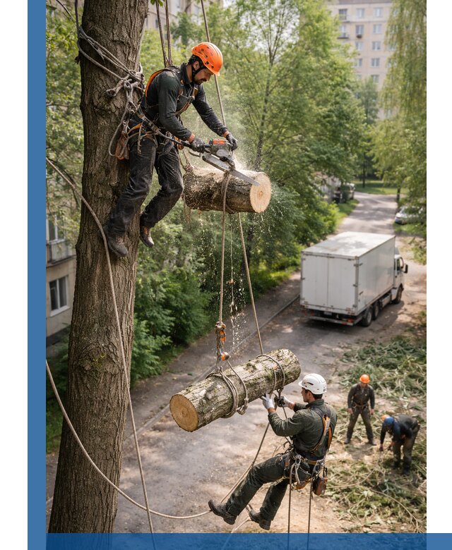 Спил деревьев альпинистами в Владивостоке, безопасно и без повреждений