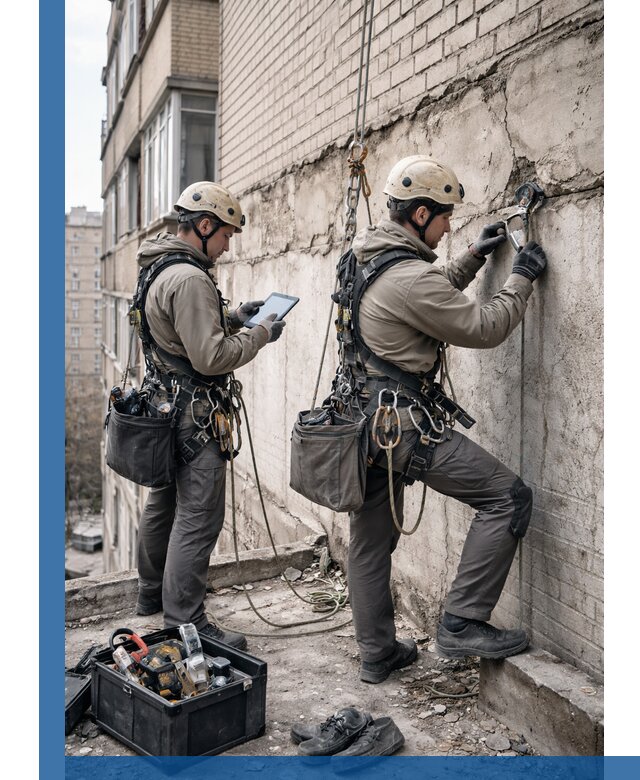 Обследование фасада промышленными альпинистами в Владивостоке